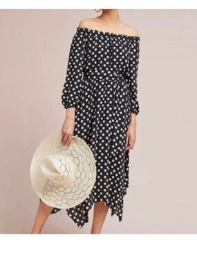 Anthropologie Maeve Gerti Polka Dot Off Shoulder Belted Waist Midi Dress Size 6